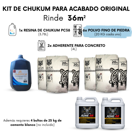 Kit de chukum para 36 m² con 1 galón PC38, 6 bultos de polvo fino y 2 adherentes