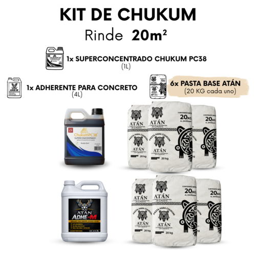 Kit de chukum para 20 m² con 1 litro de superconcentrado PC38, 6 bultos de pasta base y un bote de 4 litros de adherente ATAN ADHE‑M