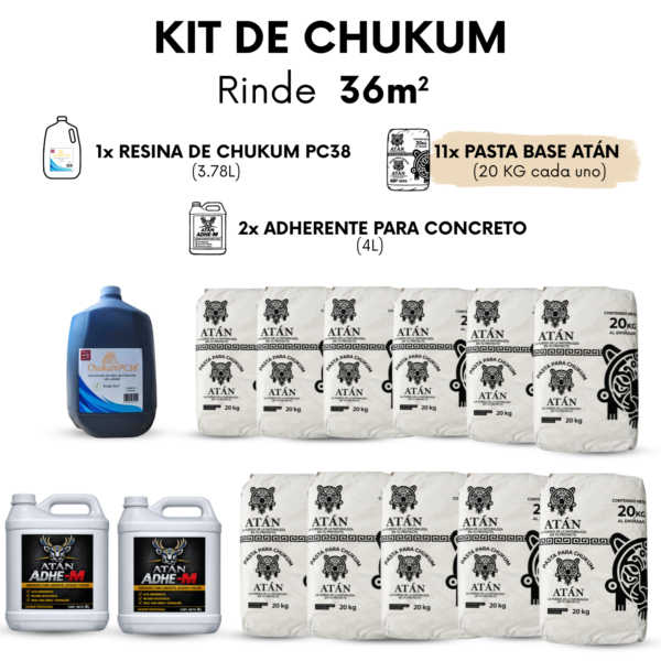 Kit completo para 36 m² de acabado de chukum con resina, pasta base y adherente.